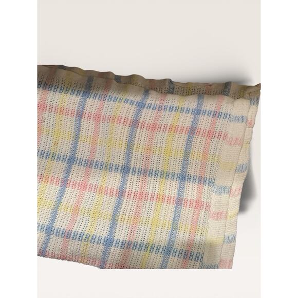 Vtg Cotton Woven Baby Blanket Pastel Plaid Pink Blue Yellow 55” x 36” Cottage - Picture 5 of 5